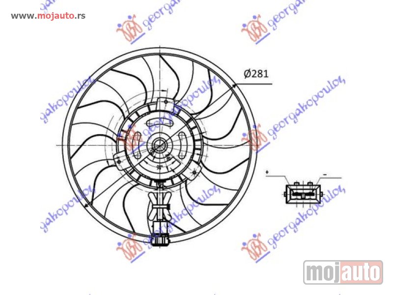 Glavna slika -  VENTILATOR (MOTOR+ELISA) (280mm) (2 PIN) (KOCKASTI KONEKTOR) (SA KABLOM) Vw transporter (t4) 91-96 -dostupno - MojAuto