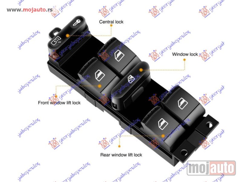 Glavna slika -  PREKIDAC U PREDNJIM VRATIMA (4 TASTERA) (CRVENO SVETLO) (10 PIN) Levo Vw passat 97-00 -dostupno - MojAuto