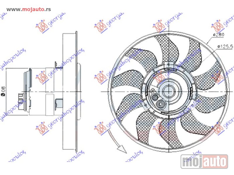 Glavna slika -  VENTILATOR (MOTOR+ELISA) (280mm) (2 PIN) (BEZ KABLA) Vw transporter (t4) 91-96 -dostupno - MojAuto