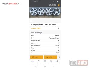 Glavna slika -  Nemačka proizvodnja.  Felne skinute sa, auta, nisu krive, farbane ili varene. Na falnama su senzori pritiska u gumama. 5 x 120 . Odgovaraju za opel insigniju kao i za BMW vozila sa ovim promenom rupa . Centralna rupa sa distancerima je 67,1 a bez distance - MojAuto